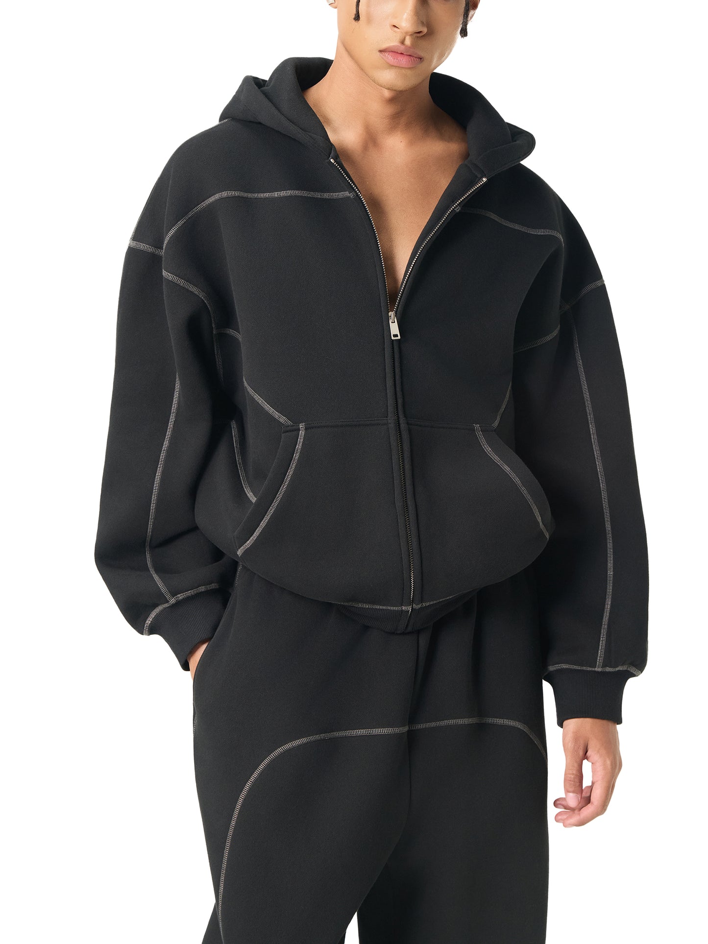 GodLogic-Stitched Boxy Fleece Zip Hoodie! [2 Piece]